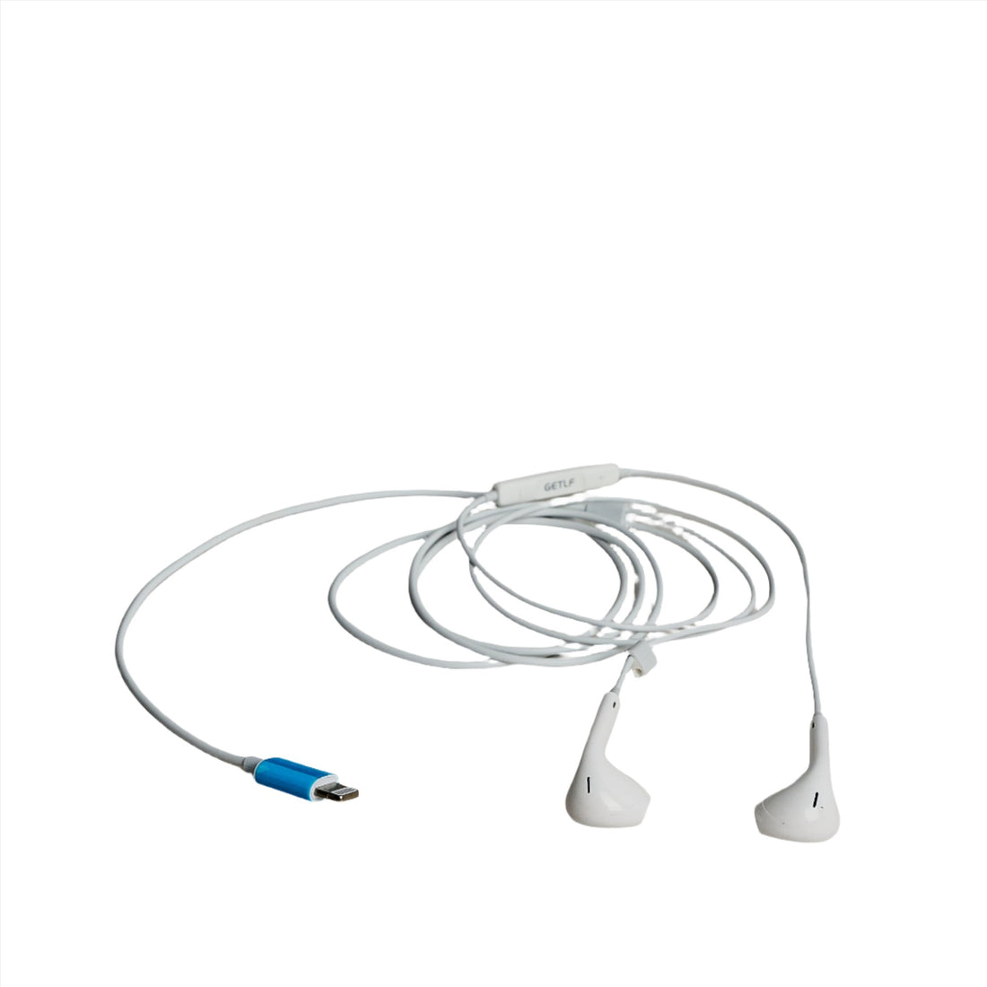 White Lightning earbuds with in-line remote and USB Lightning cable