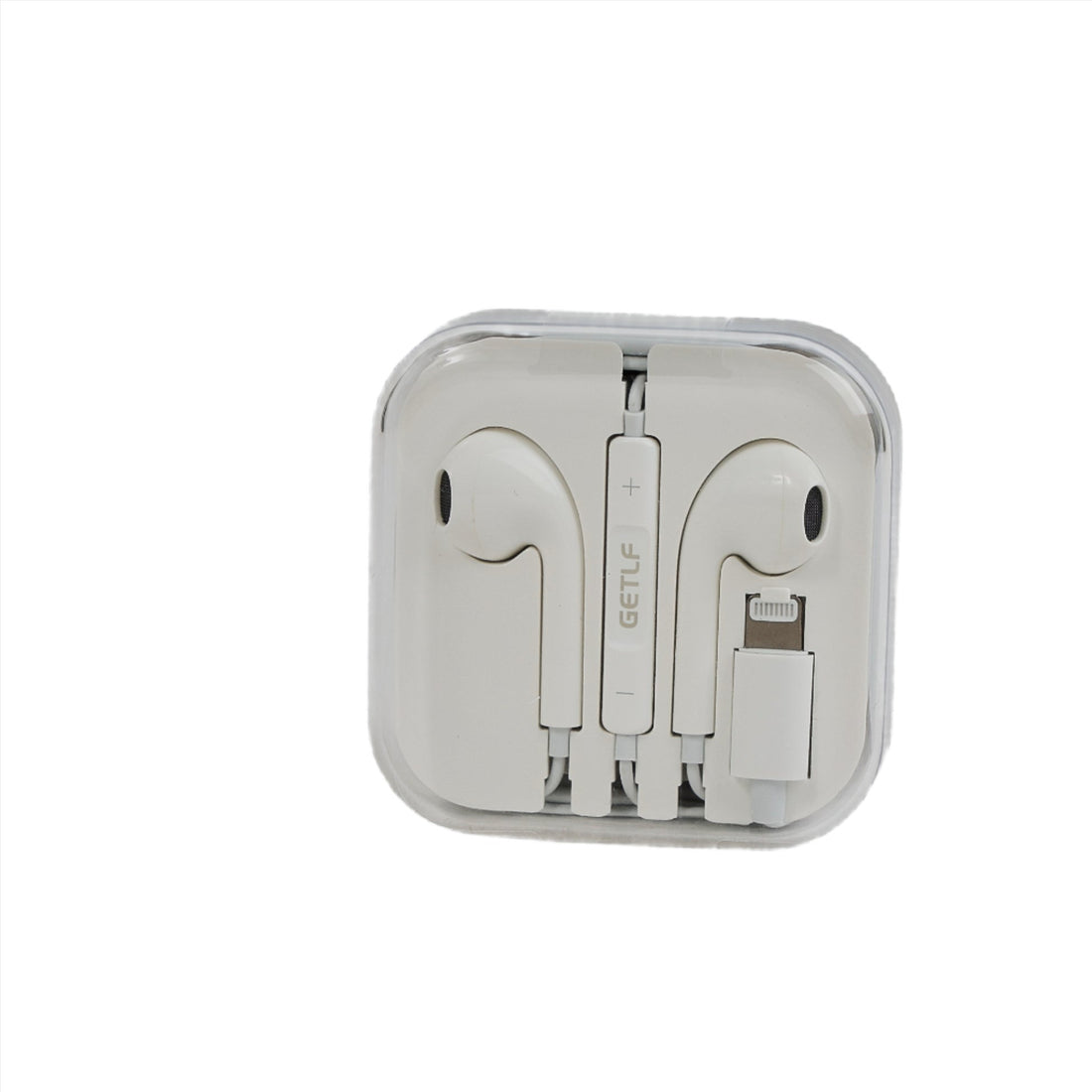 White wireless audio earbuds set with charging case and USB cable