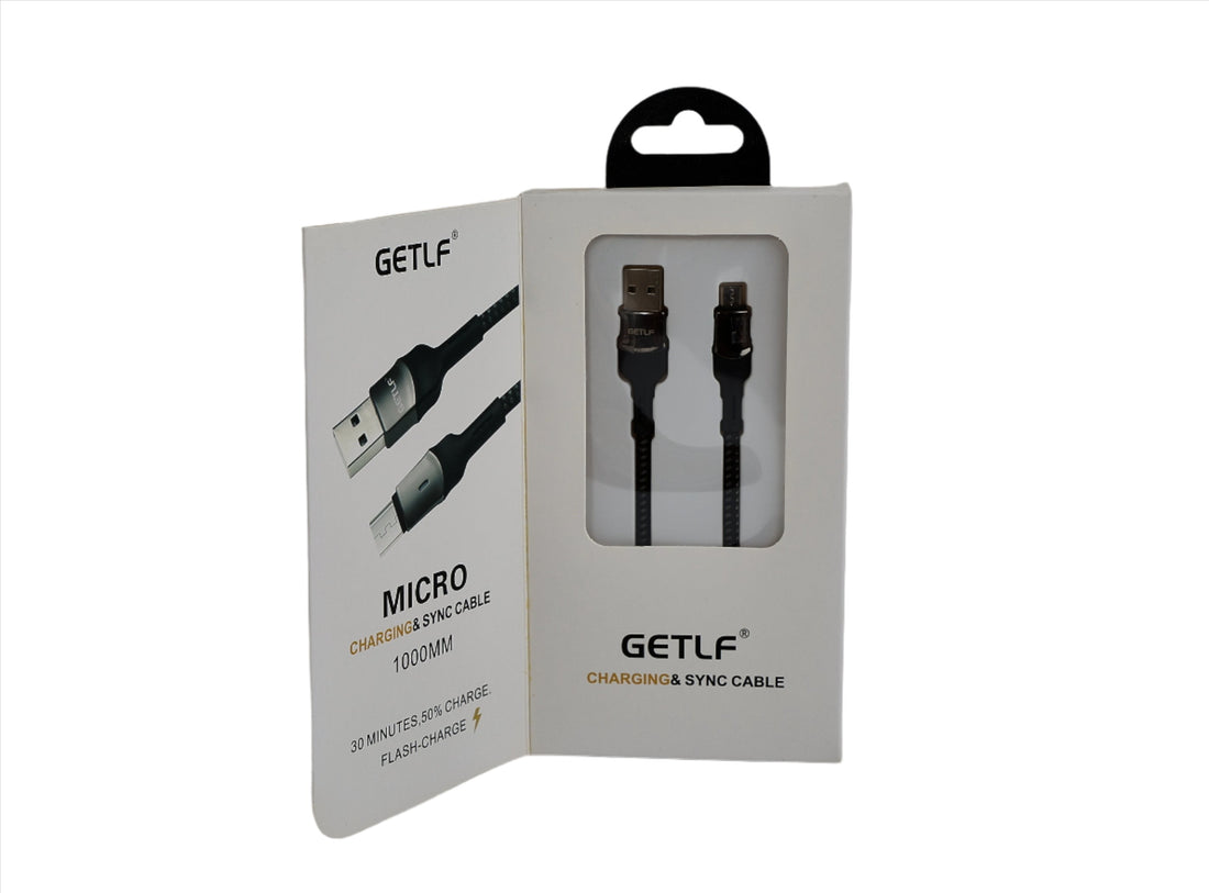 USB to micro charging sync cable blister pack showing two cables, GETLF brand