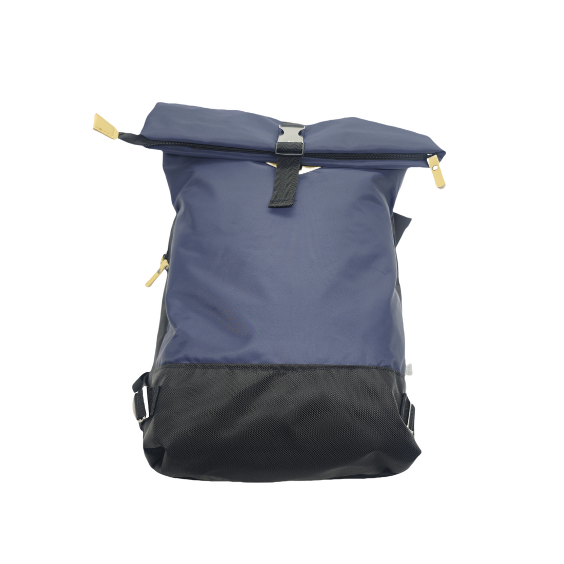Foldable blue and black backpack with top flap, front pocket, and adjustable shoulder straps