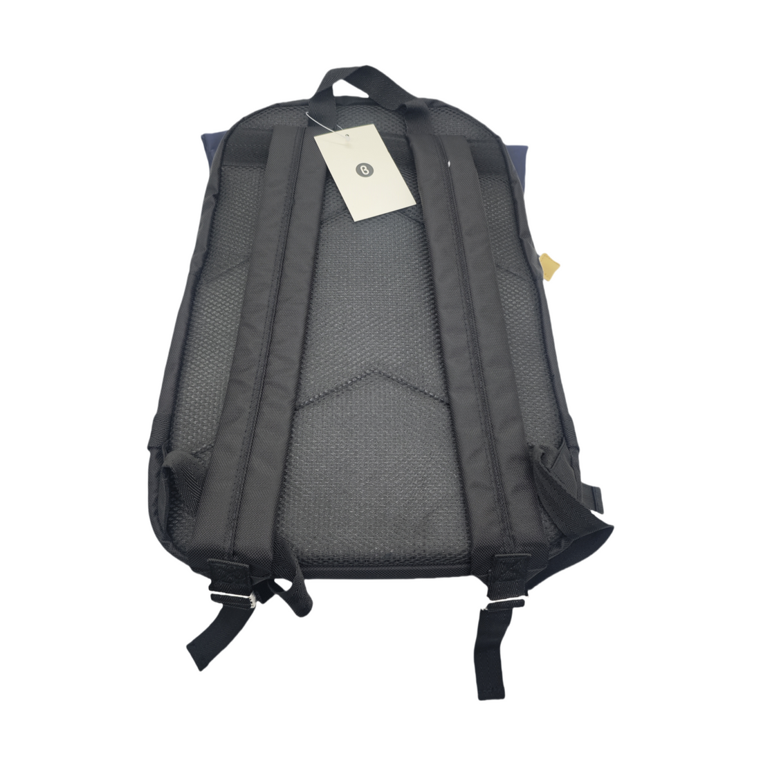 Foldable blue and black backpack back panel with padded mesh, shoulder straps, and hanging tag