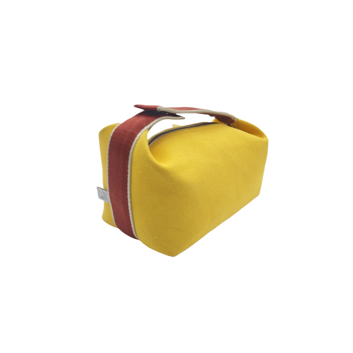 Yellow canvas bag with burgundy side trim and curved handle straps