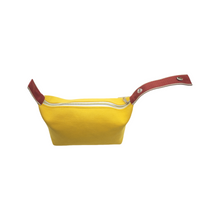 Yellow canvas pouch bag with burgundy handle straps and inner lining
