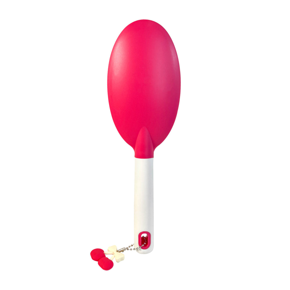 Oval pink air-cushion hair brush with long white handle and white bristle tips