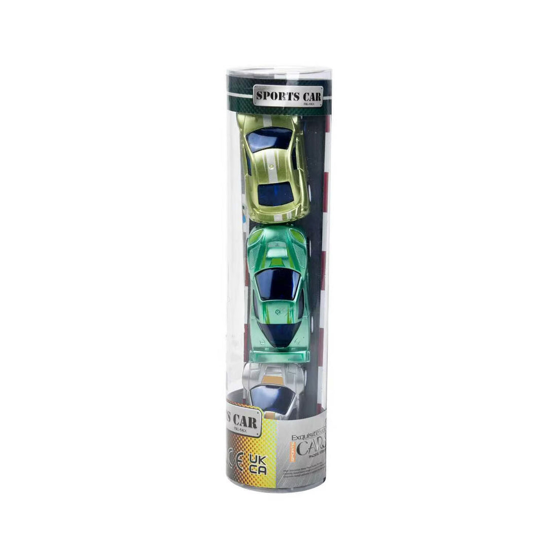 Diecast sports car set in clear box, featuring green and blue metal cars