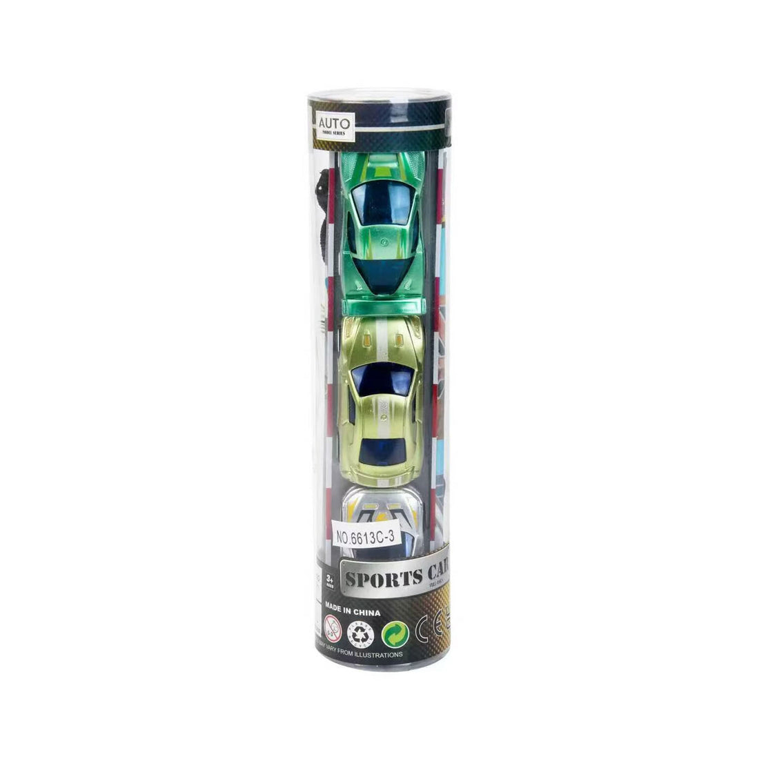 Modern sports car toy in clear tube with three colorful car models, green and lime.