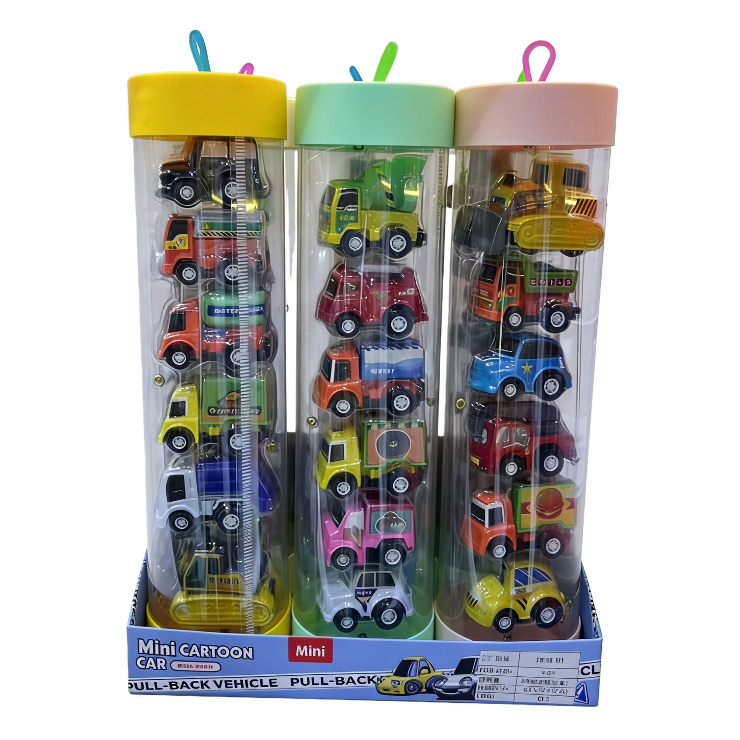 Mini pull-back car toy set with clear tubes and assorted colorful cars.