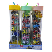 Mini pull-back car toy set in clear tubes with colorful cars.
