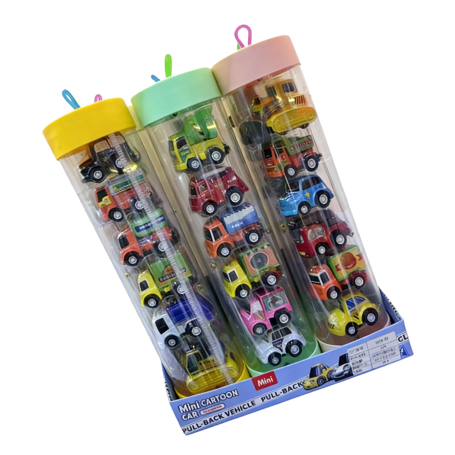 Mini pull-back car toy set in angled clear tubes with colorful cars.