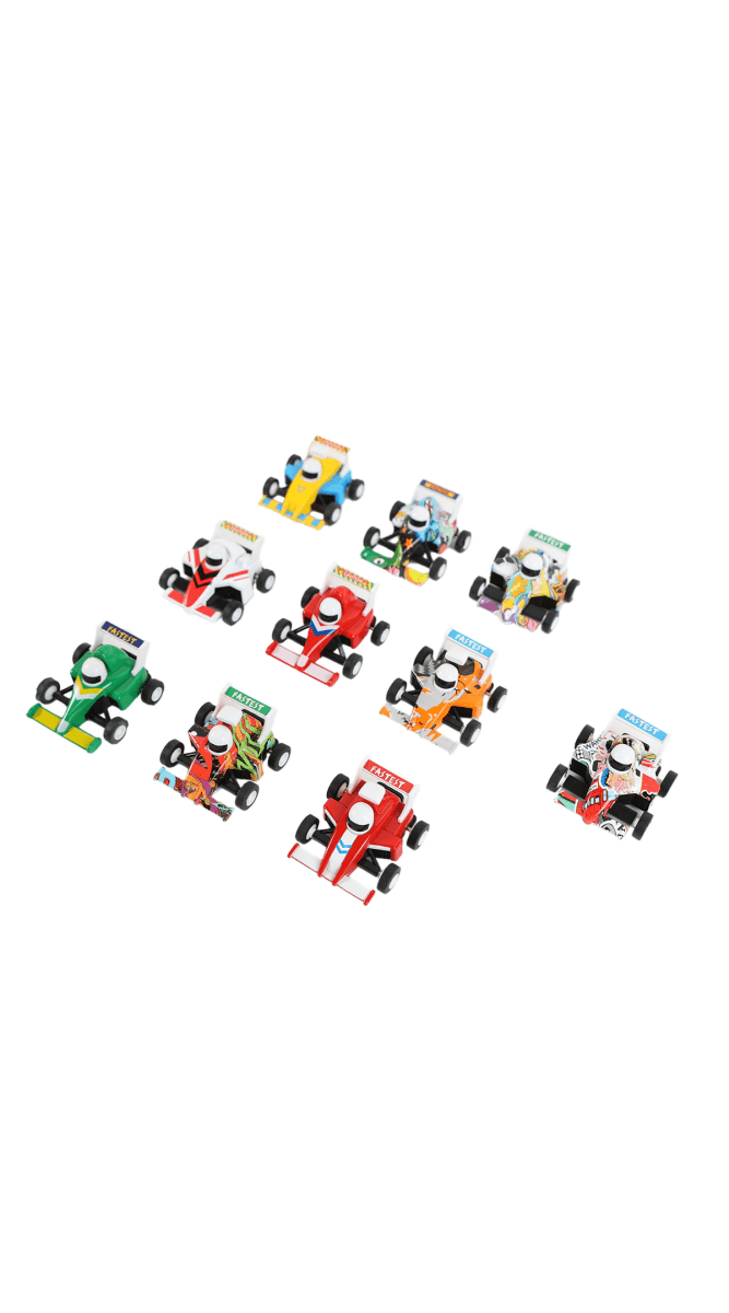Diecast pull-back race cars, multicolor toy vehicles in an assorted layout