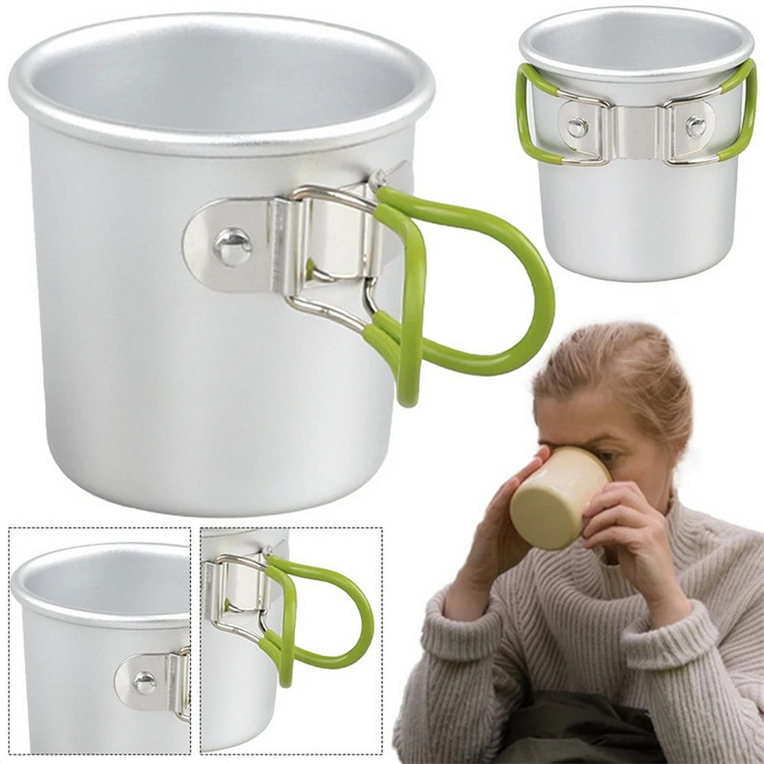 Folding aluminum cup (Size 6) open top, silver body with green carry handle
