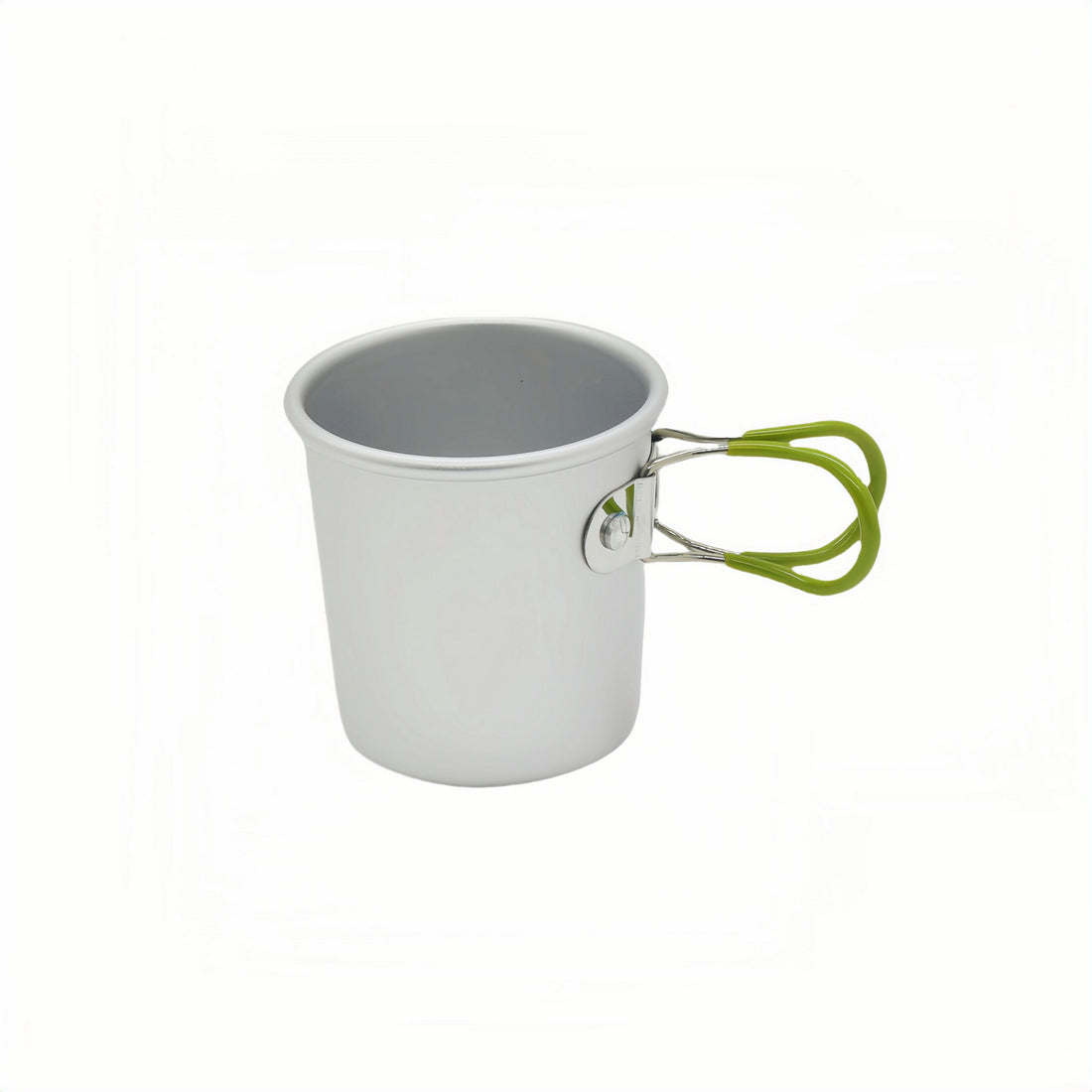 Folding aluminum cup (Size 6) with green handle strap and metal clasp, silver