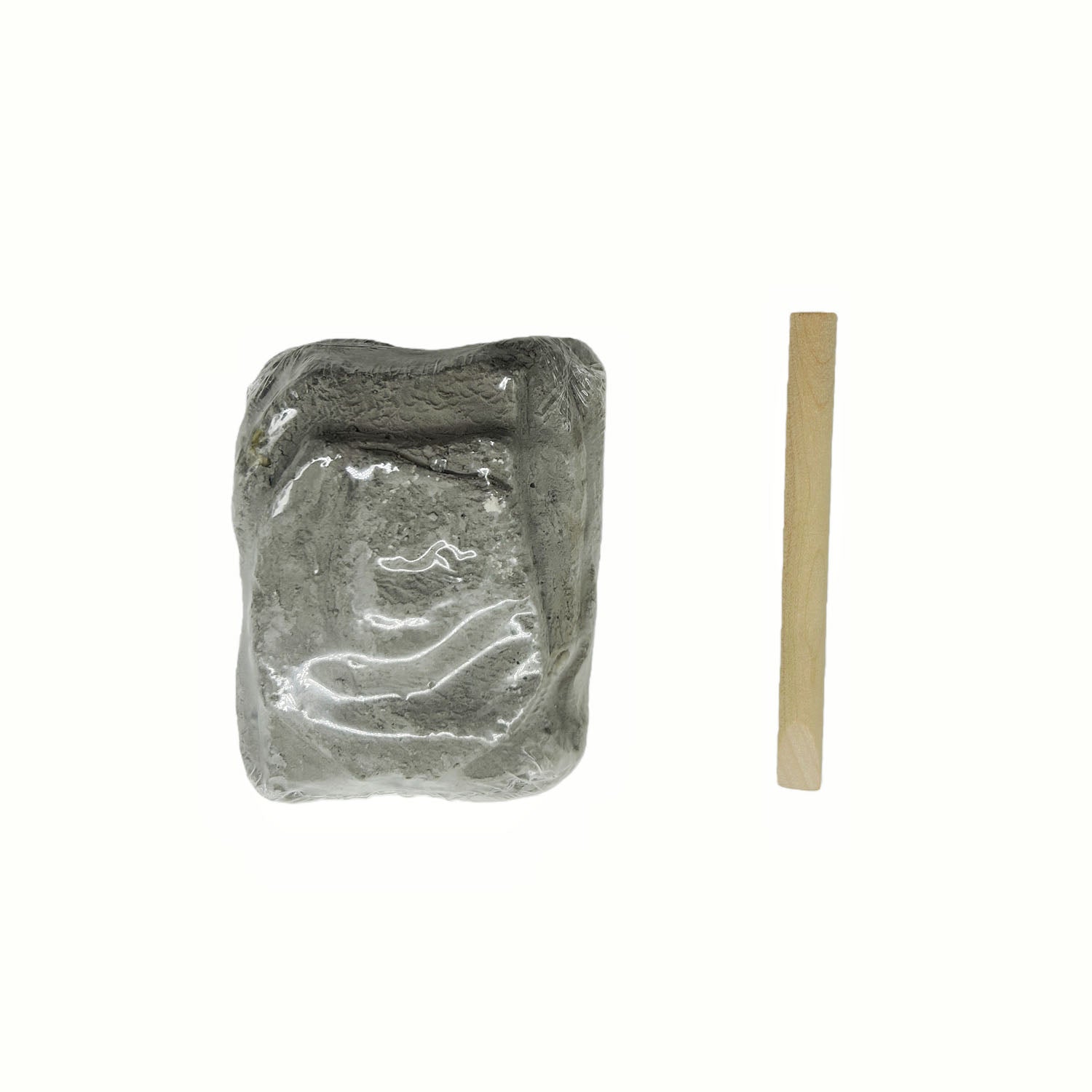 Gray dinosaur fossil block with molded texture and a thin wooden stick