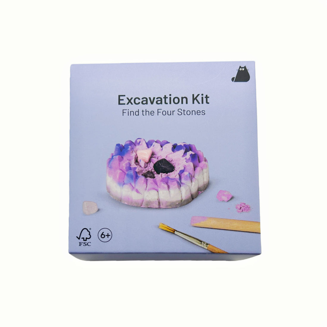 Purple gemstone excavation kit box with fossil stone and tools, includes 6+ icon