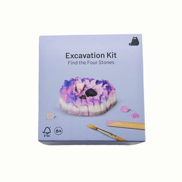 Purple gemstone excavation kit box with fossil stone and tools, includes 6+ icon