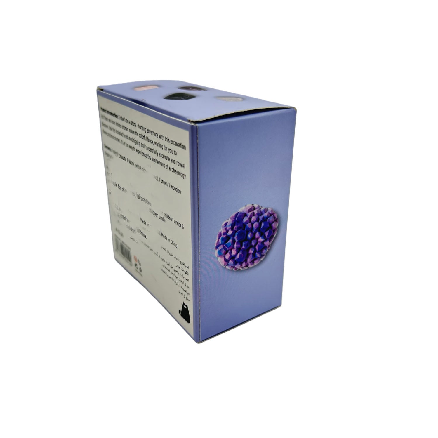 Gemstone excavation kit box side with purple stone window and instruction block