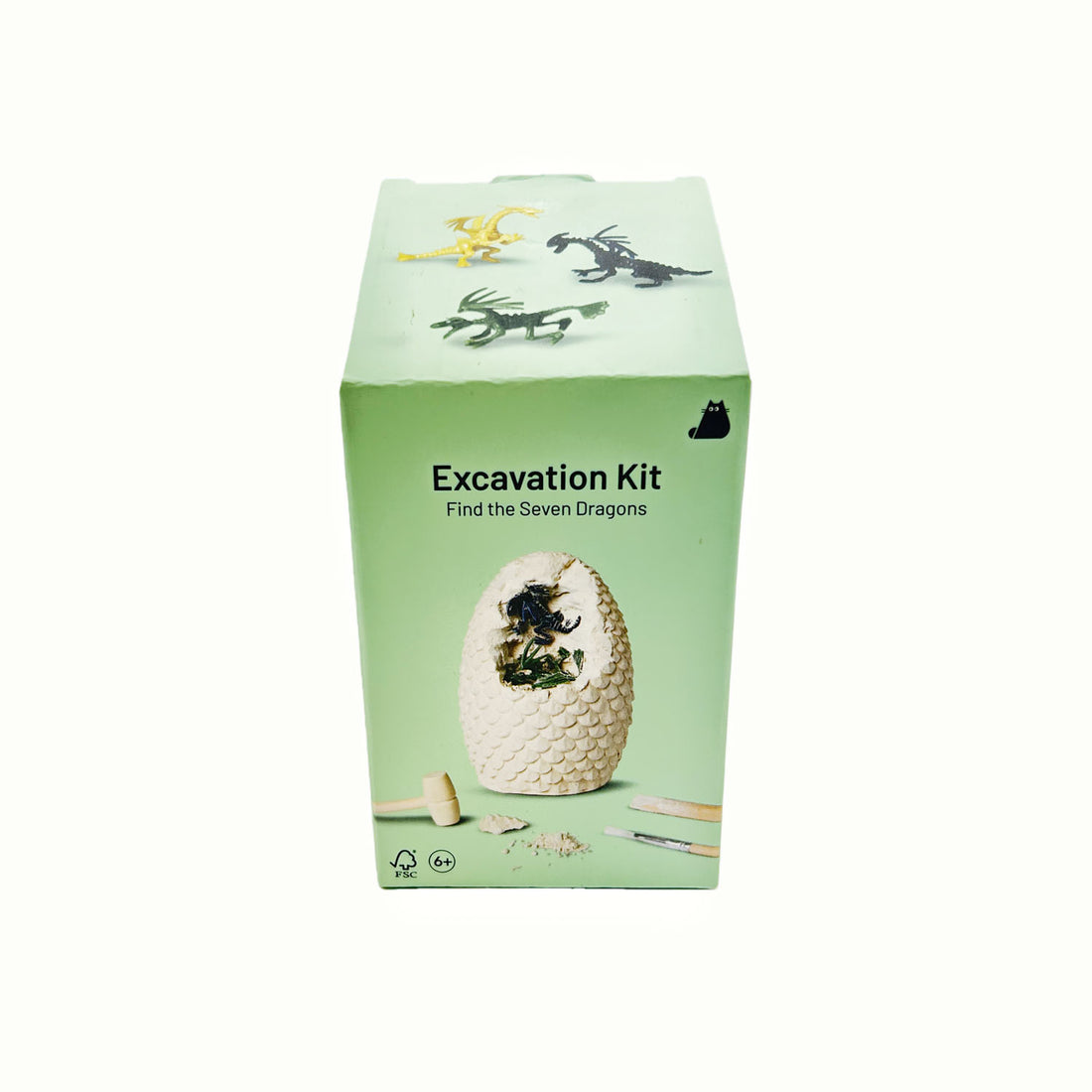Excavation kit box with dinosaur graphic and fossil egg illustration