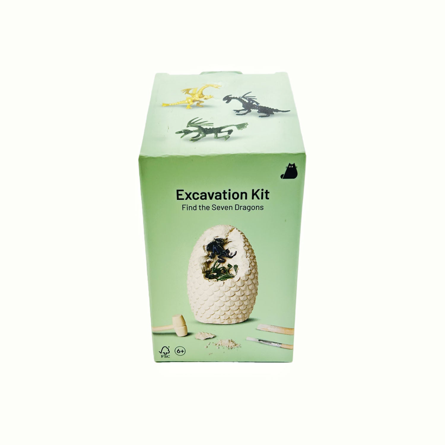 Excavation kit box with dinosaur graphic and fossil egg illustration
