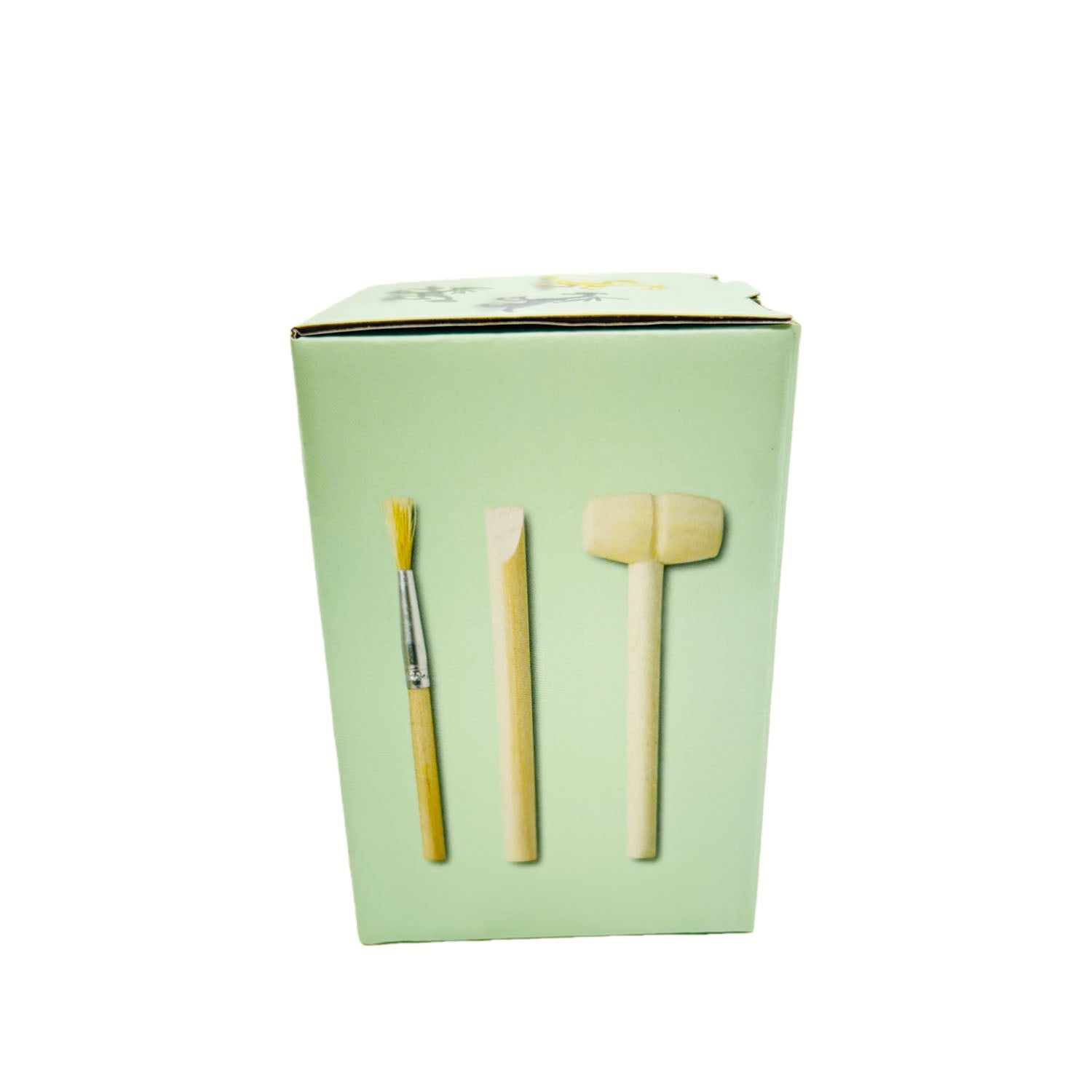 Excavation kit box with three wooden tools on light green panel