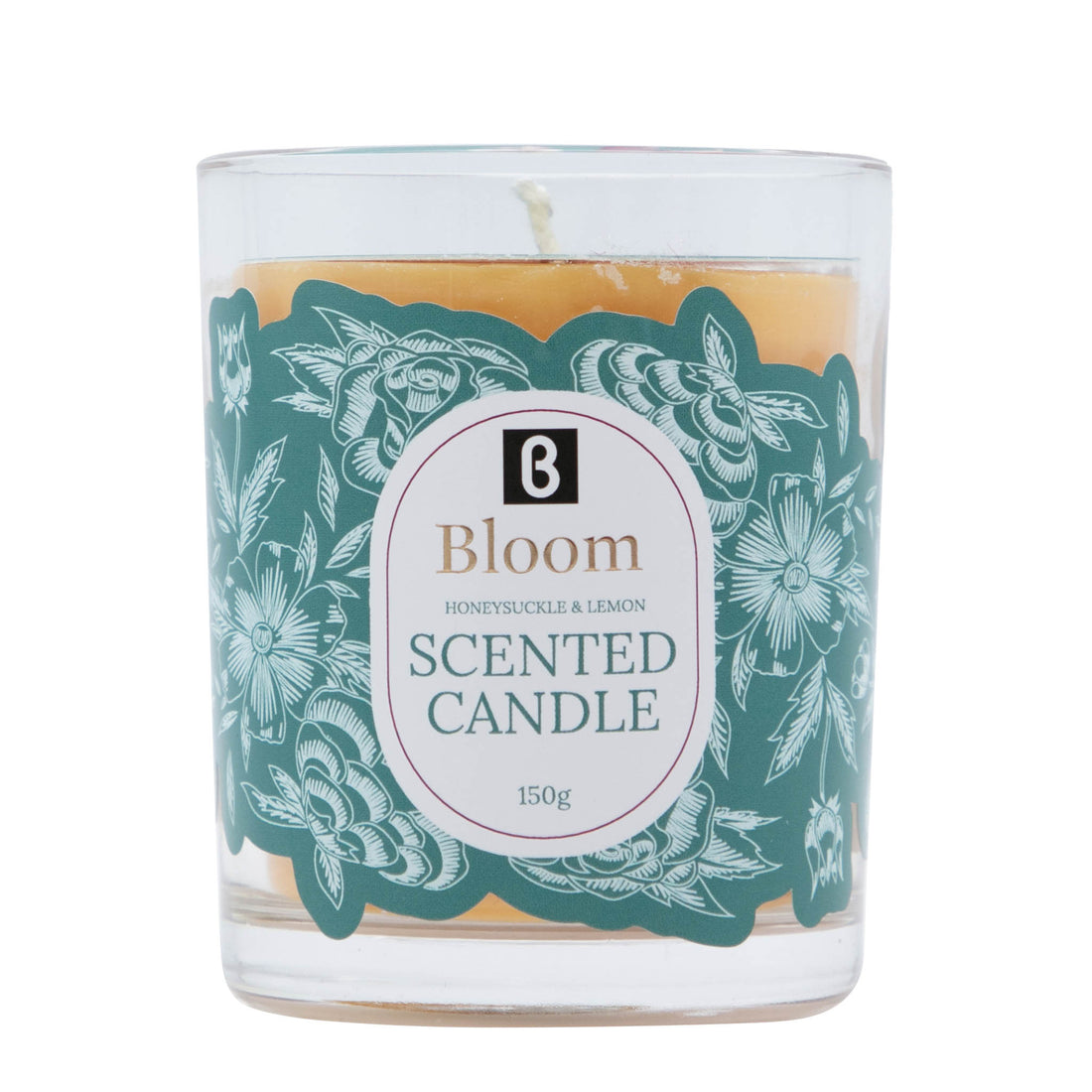 Glass scented candle in teal floral sleeve, Bloom 150g, honeysuckle & lemon.