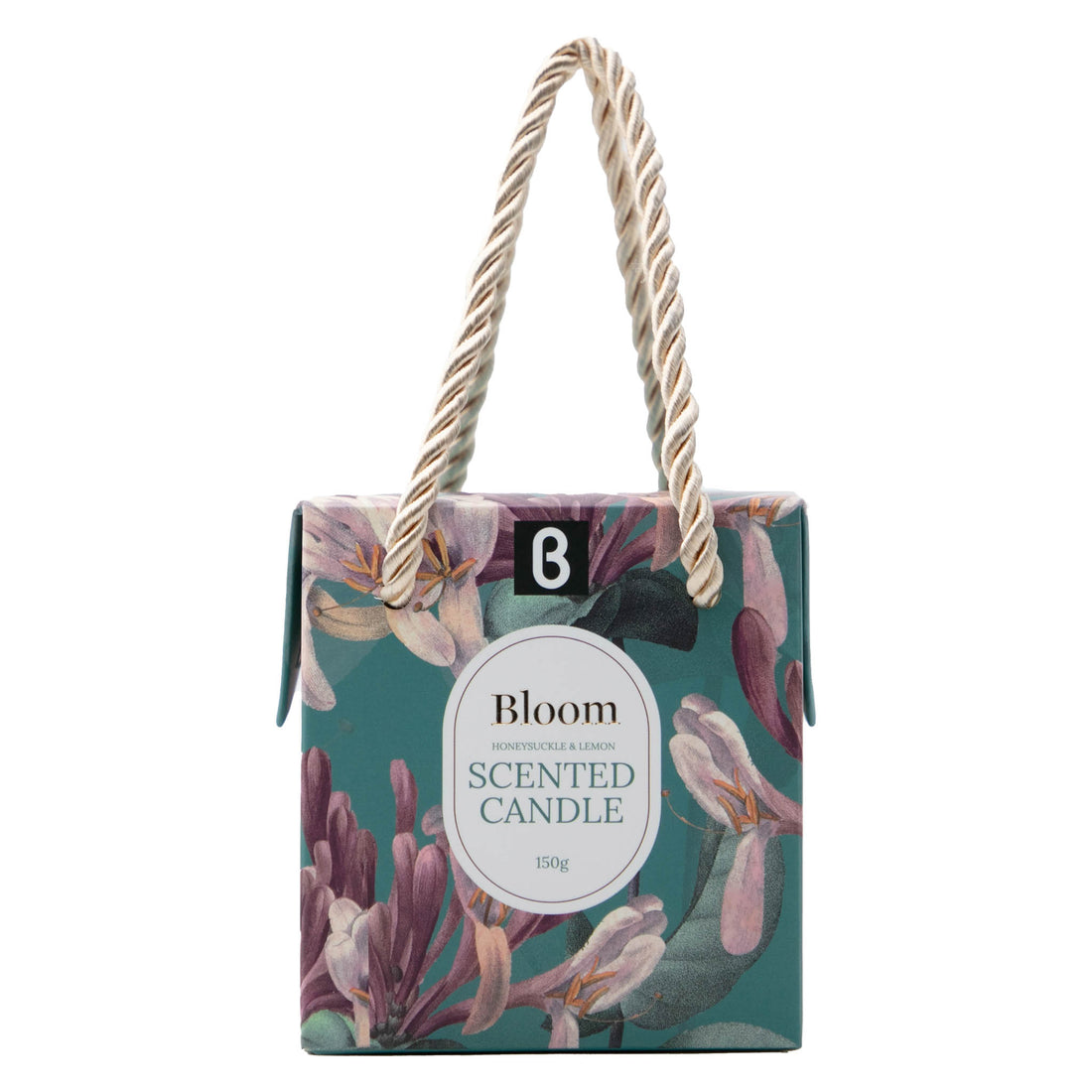 Scented candle gift box with rope handle, Bloom 150g, floral honeysuckle & lemon.
