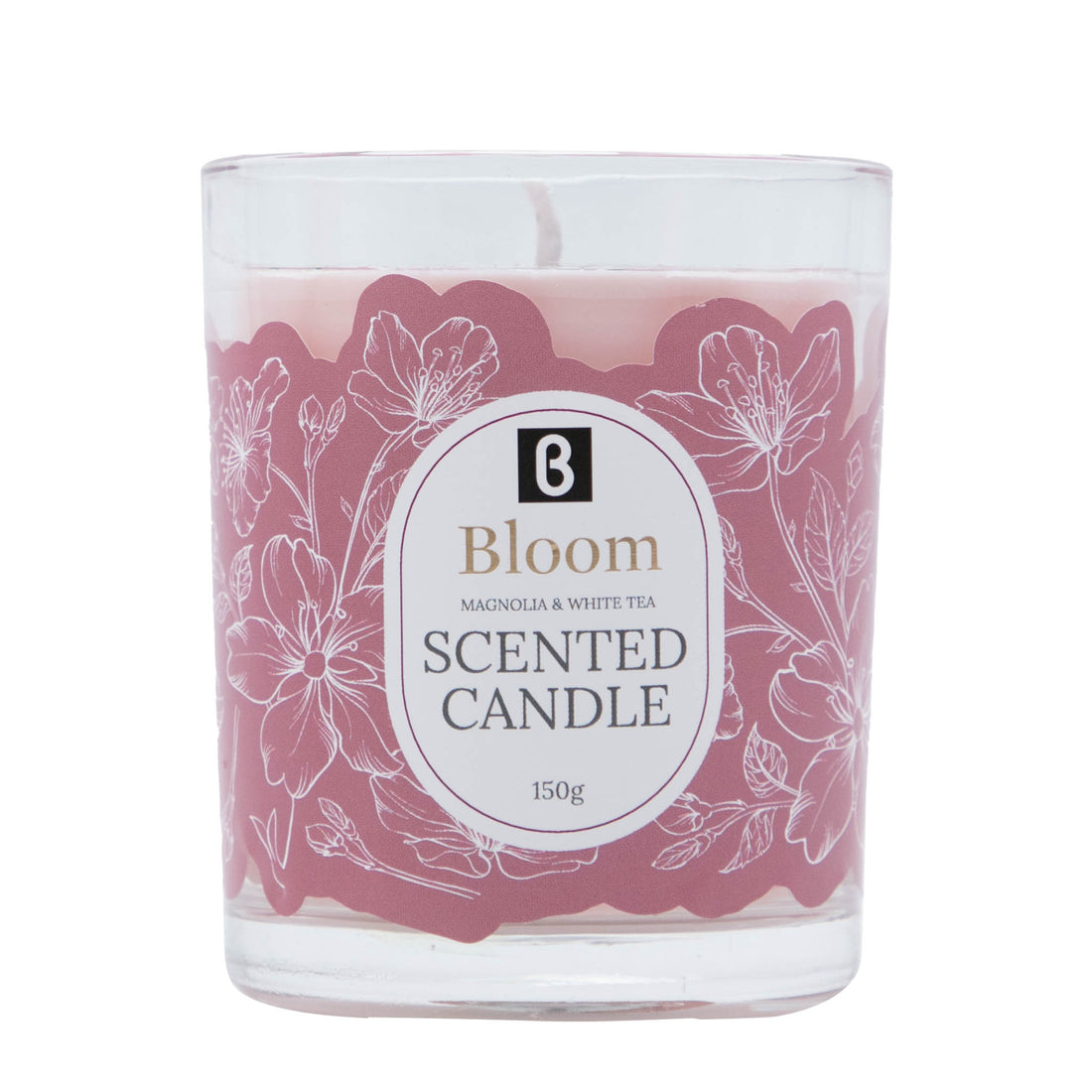 Glass scented candle in clear jar with pink floral label, 150g.