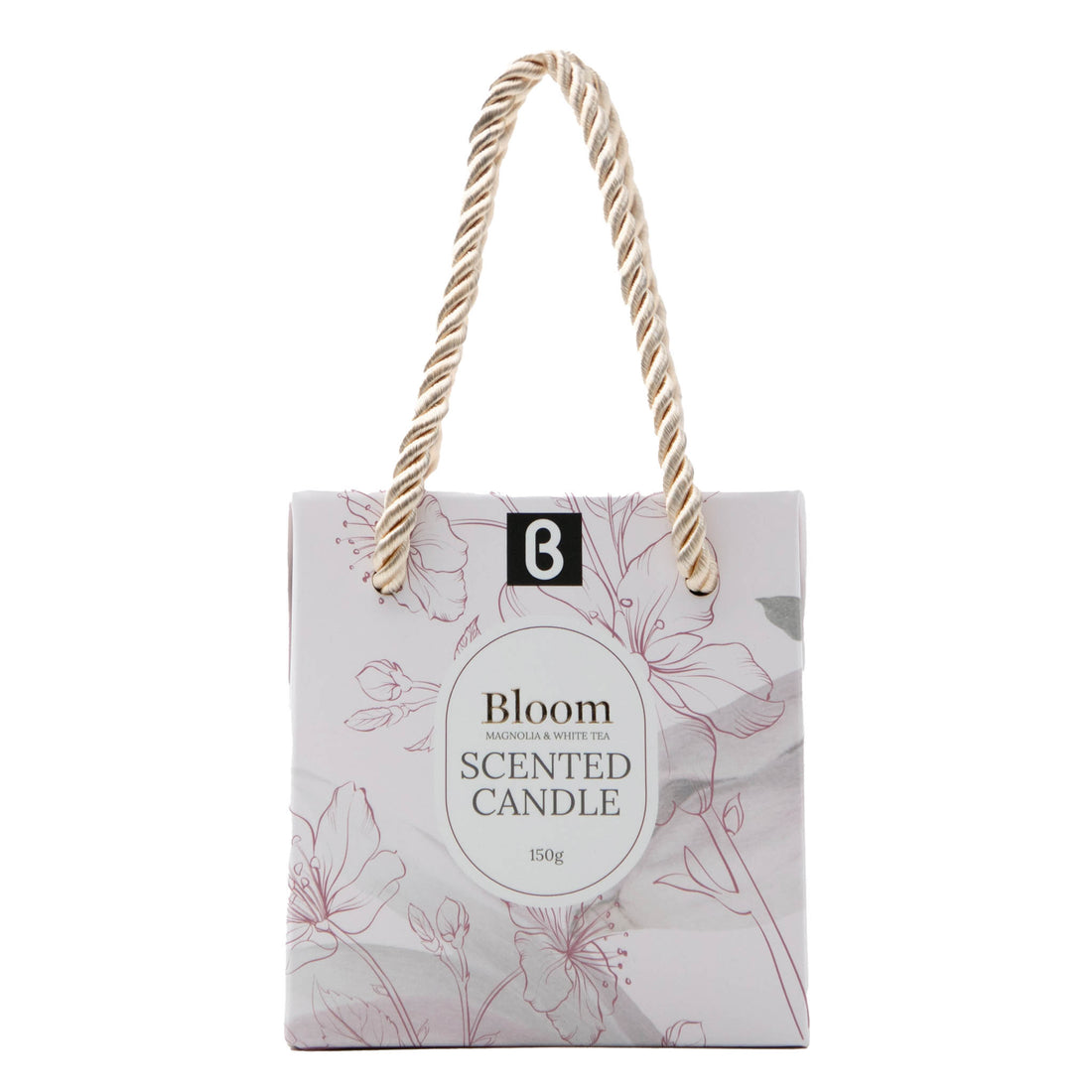 Scented candle gift box with rope handle, floral line art and Bloom label, 150g.