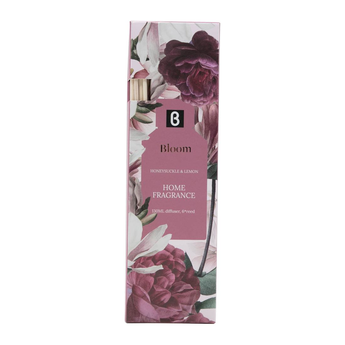 Reed diffuser gift box with burgundy peony flowers and black reed sticks, brand B label