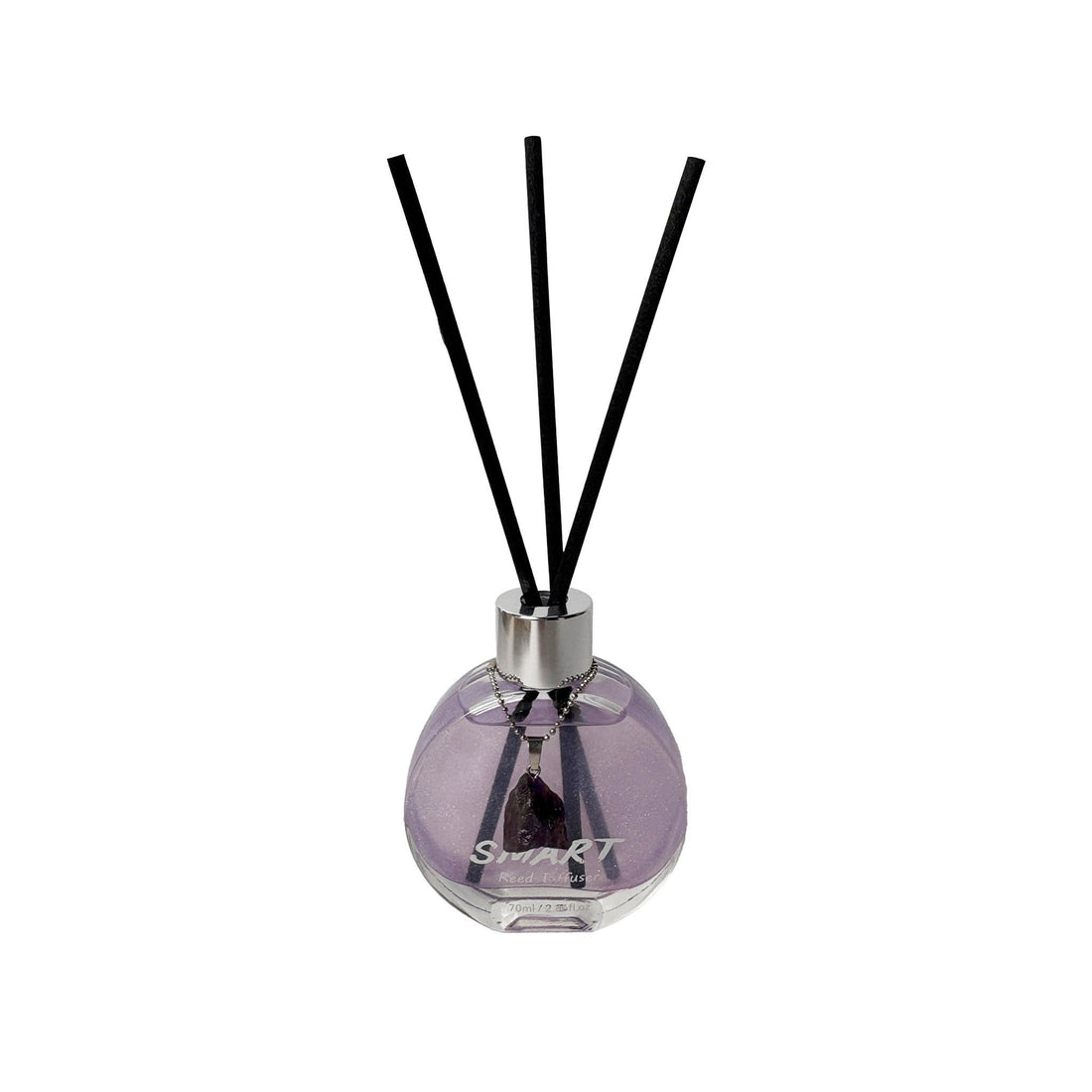 Crystal pendant diffuser bottle with lavender glass, silver cap, and three black reeds