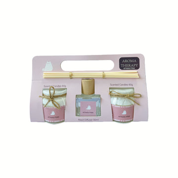 Aromatherapy reed diffuser and candle set, with two 60g scented candles in box
