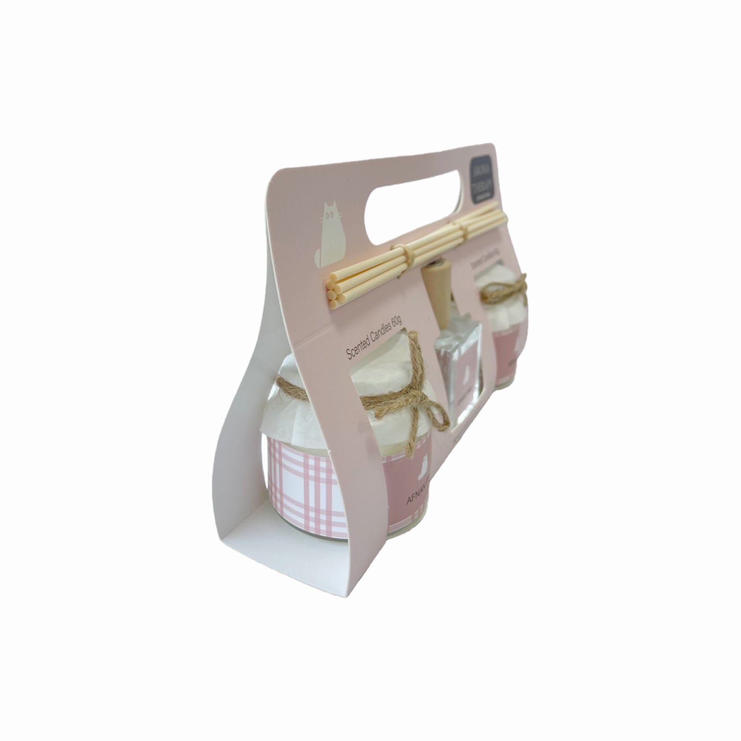 Boxed aroma set with reed diffuser bottle and two scented candles with bamboo reeds