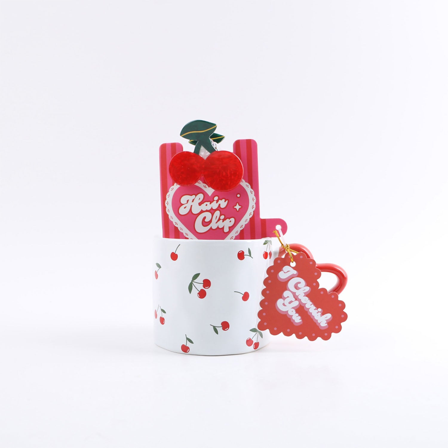Ceramic Cup with Cherry Print, Hair Clip and Socks 1