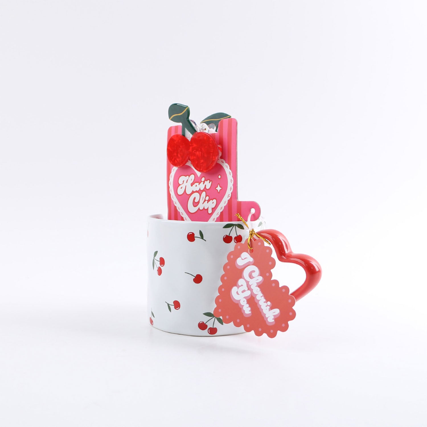 Ceramic Cup with Cherry Print, Hair Clip and Socks 2