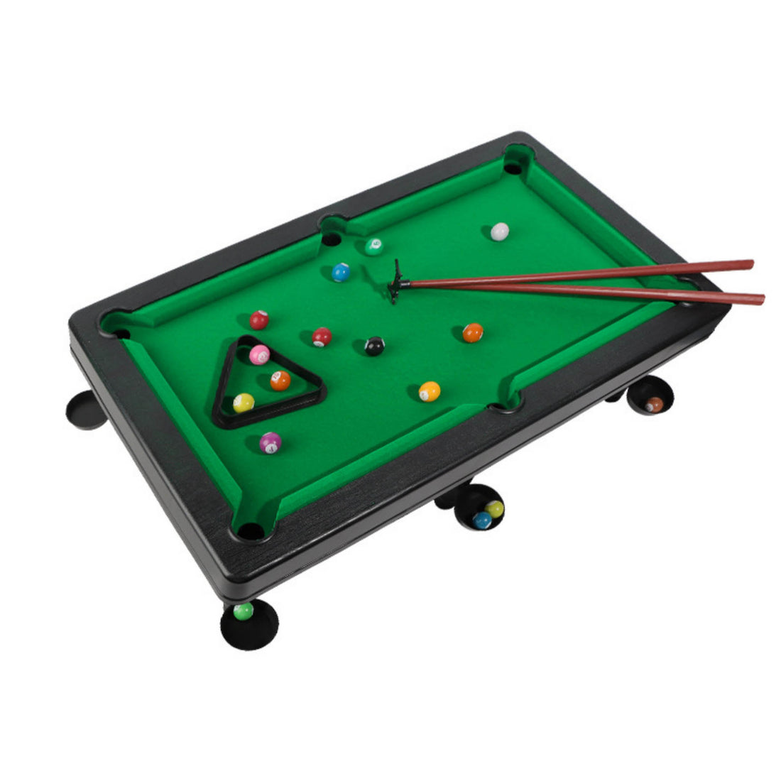 Mini pool table with green felt, colorful balls, and two red cues on four legs