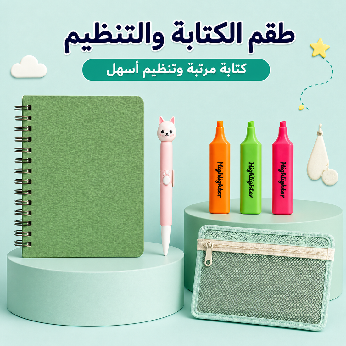 Green spiral notebook, colored pens, and zip mesh pencil case in a writing bundle