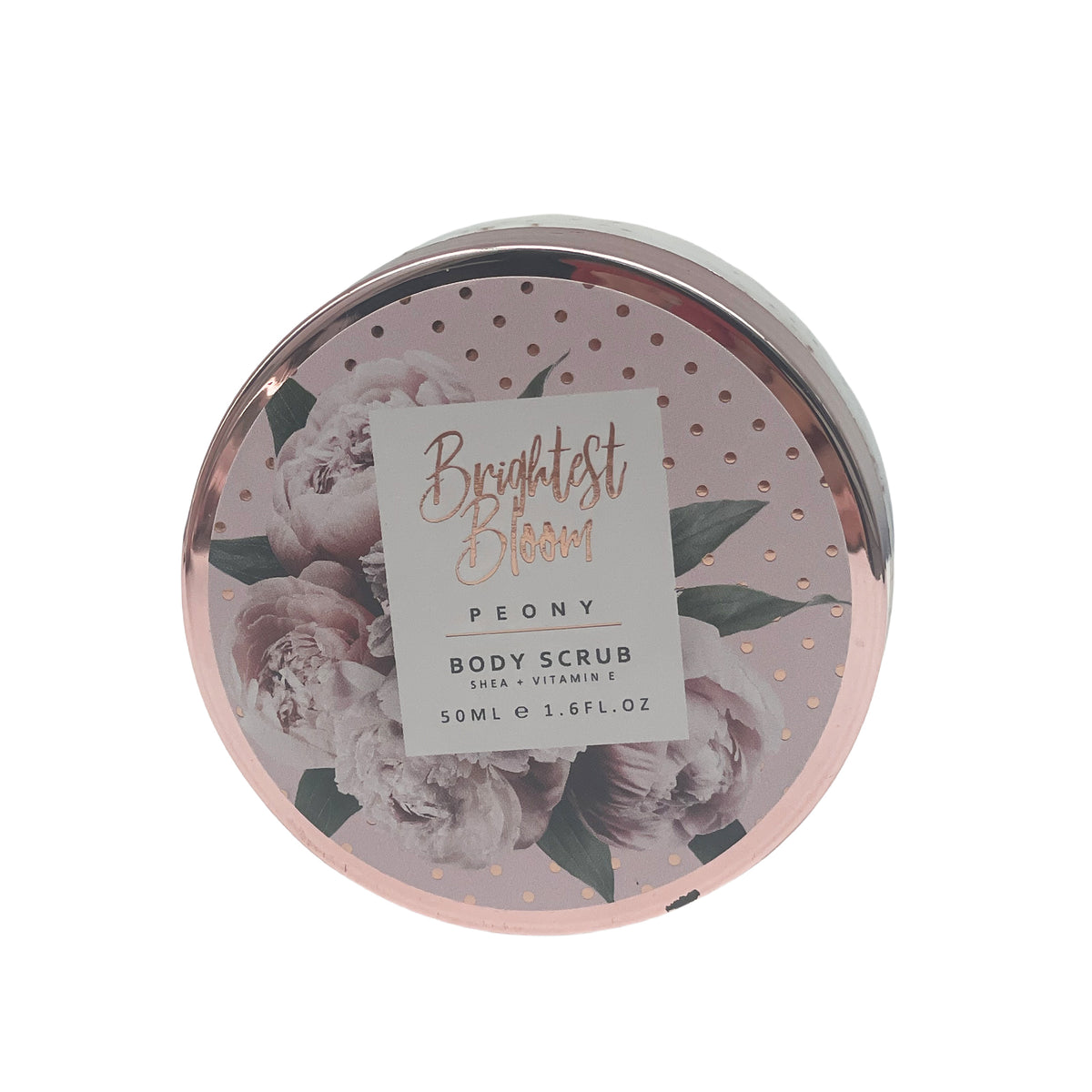 Body scrub jar with Brightest Bloom peony label on pink dotted floral lid.