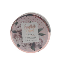 Body scrub jar with Brightest Bloom peony label on pink dotted floral lid.
