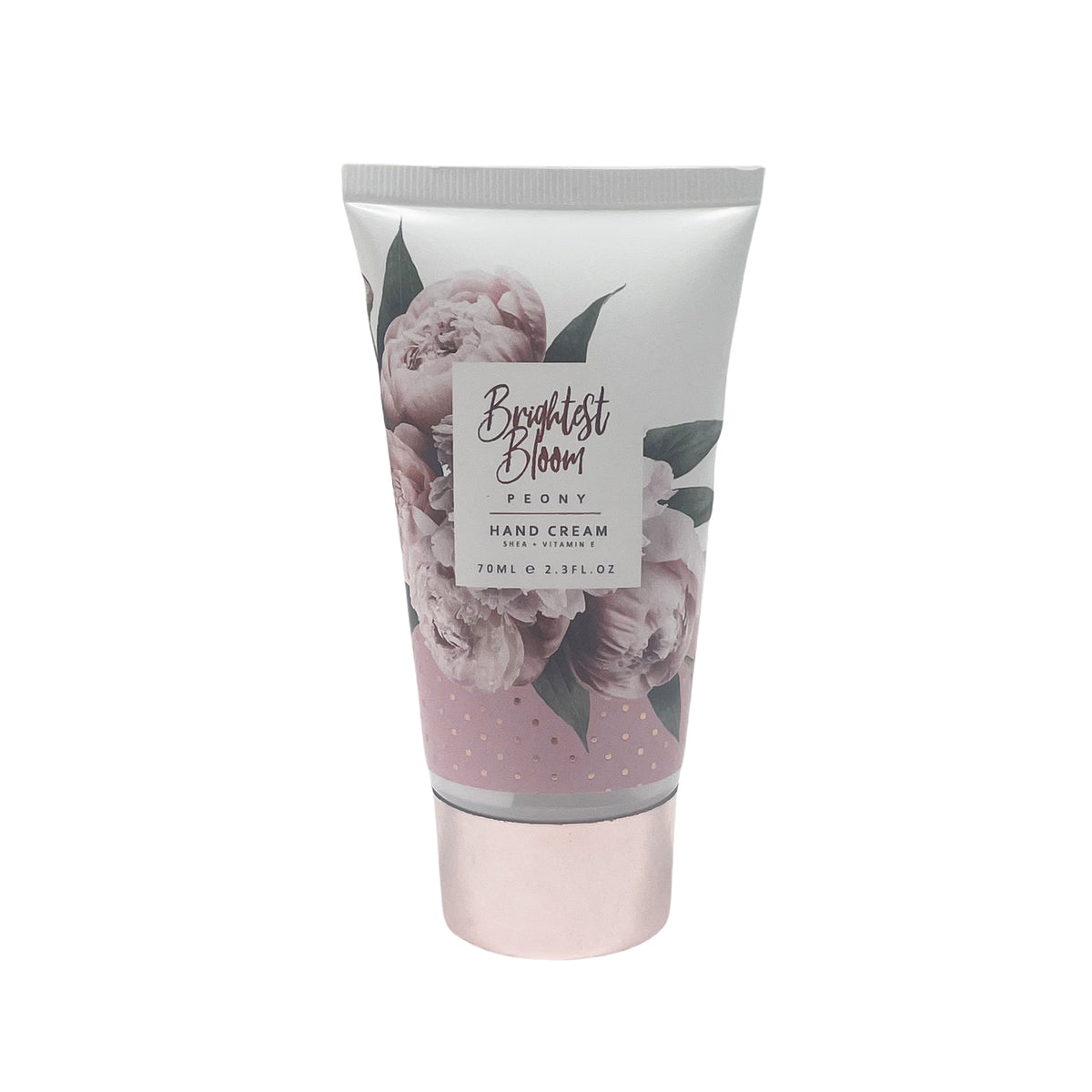 Peony hand cream tube with floral label and pink base in Brightest Bloom design.