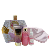 Bath gift set with shower gel, body lotion, body oil, and satin eye mask