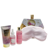 Bath gift set with shower gel, body lotion, body oil, and satin eye mask