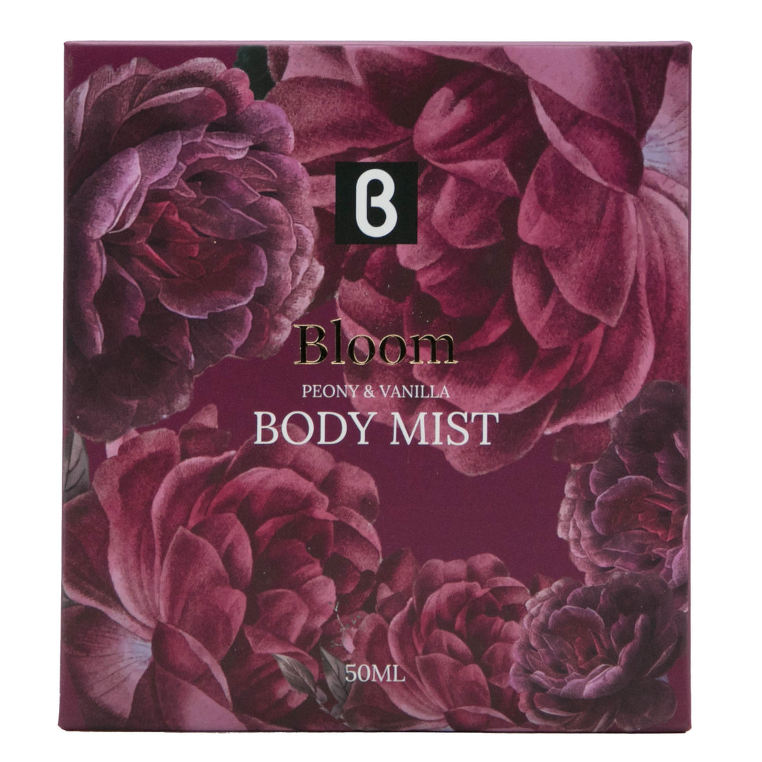 Peony and vanilla body mist box with burgundy floral artwork, 50 ml