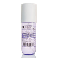 240ml body mist bottle with white cap and back label, translucent light purple