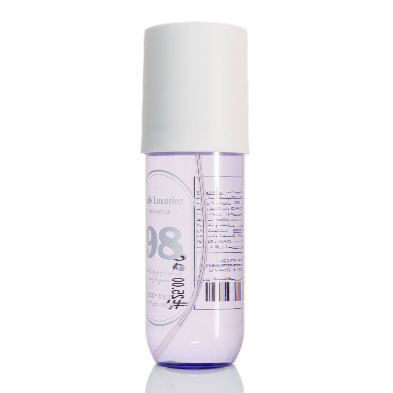 240ml body mist bottle with white cap and translucent light purple liquid