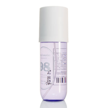 240ml body mist bottle with white cap and translucent light purple liquid