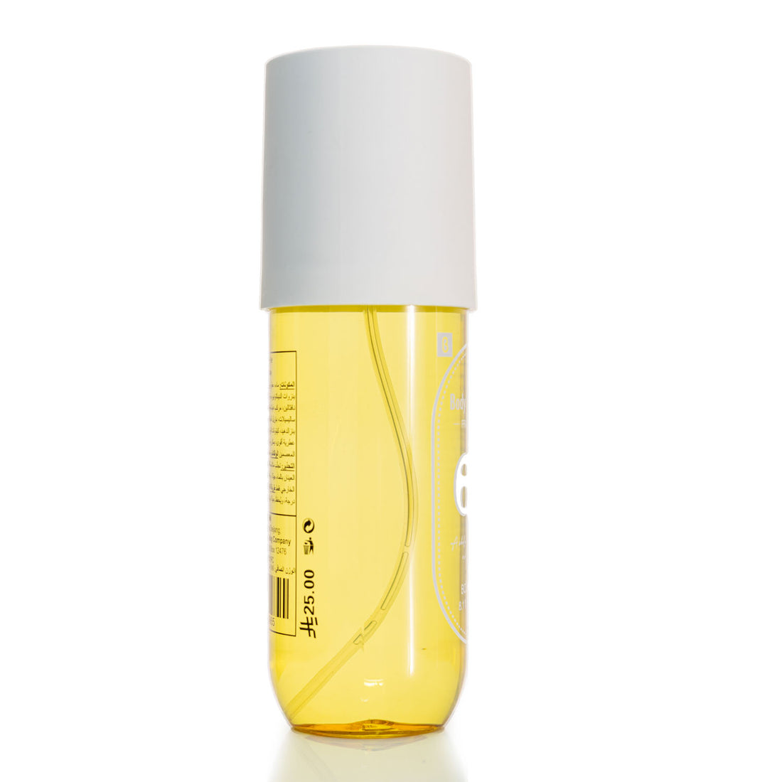 Body mist bottle with white cap and golden-yellow liquid, side view