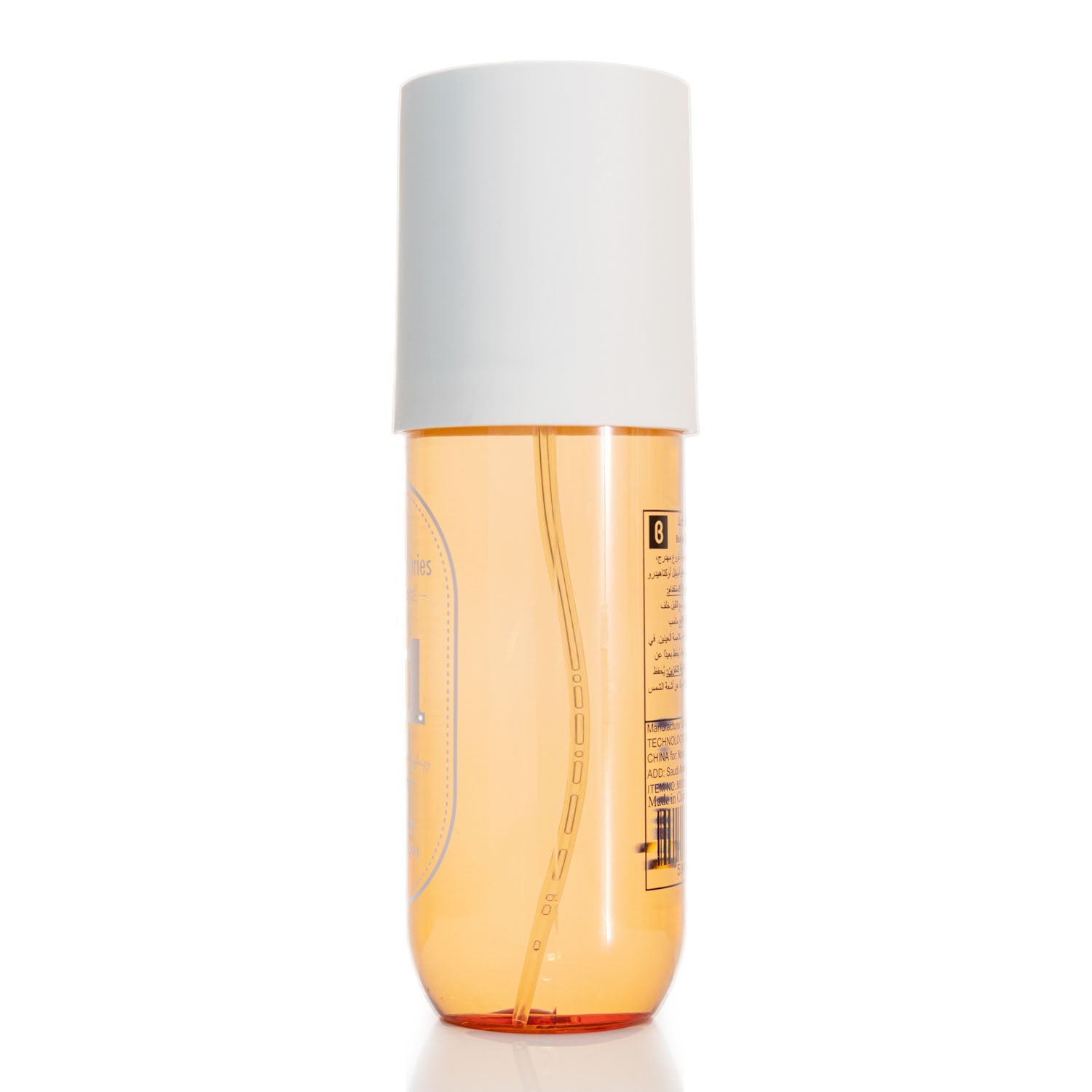 240 ml body mist bottle with amber liquid and white cap, label on the side