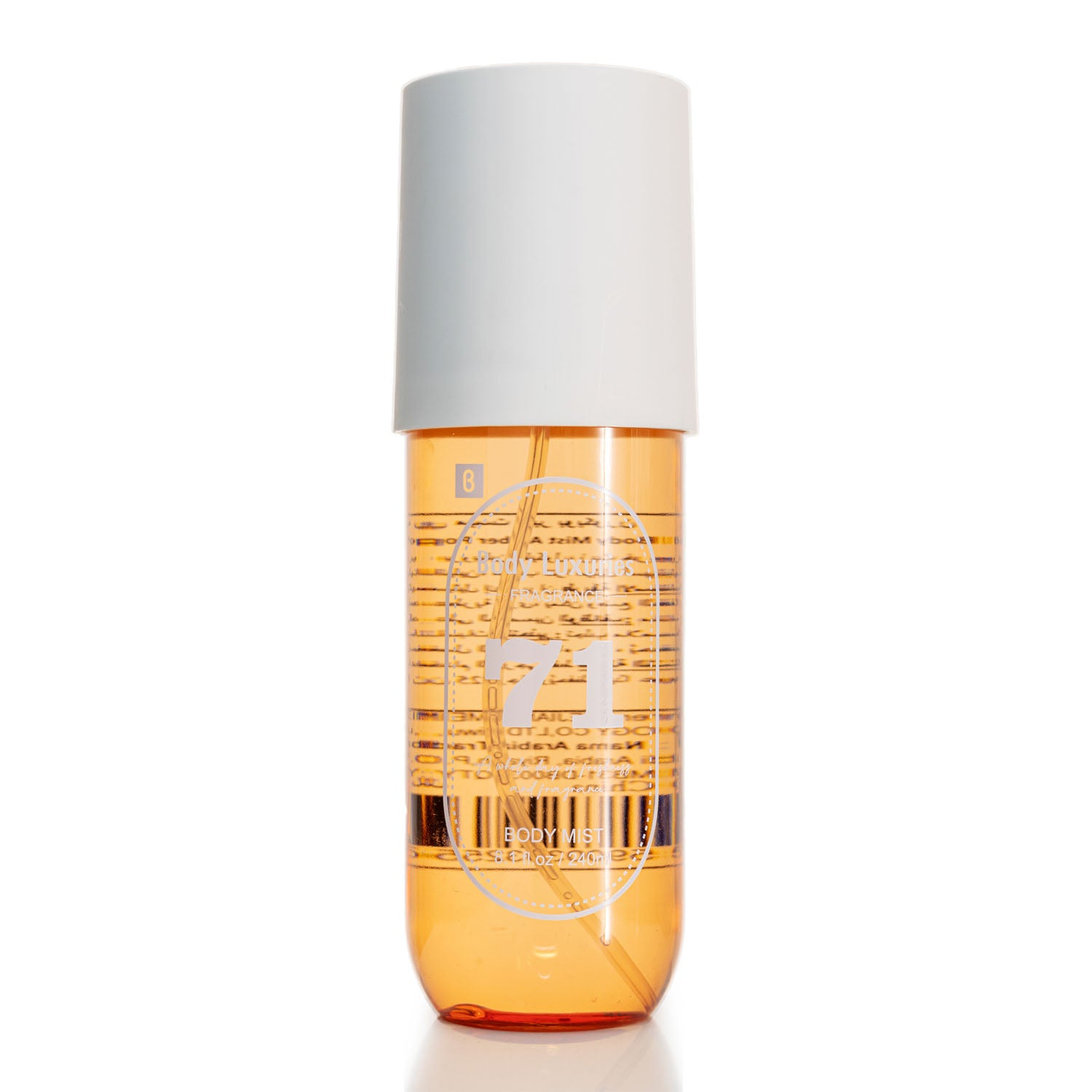 240 ml body mist bottle with amber liquid and white cap, front label close-up