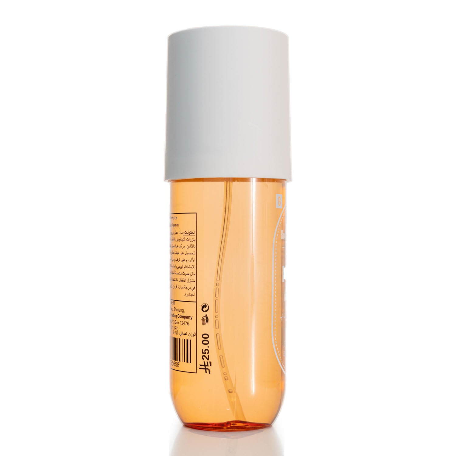 240 ml body mist bottle with amber liquid and white cap, side label visible
