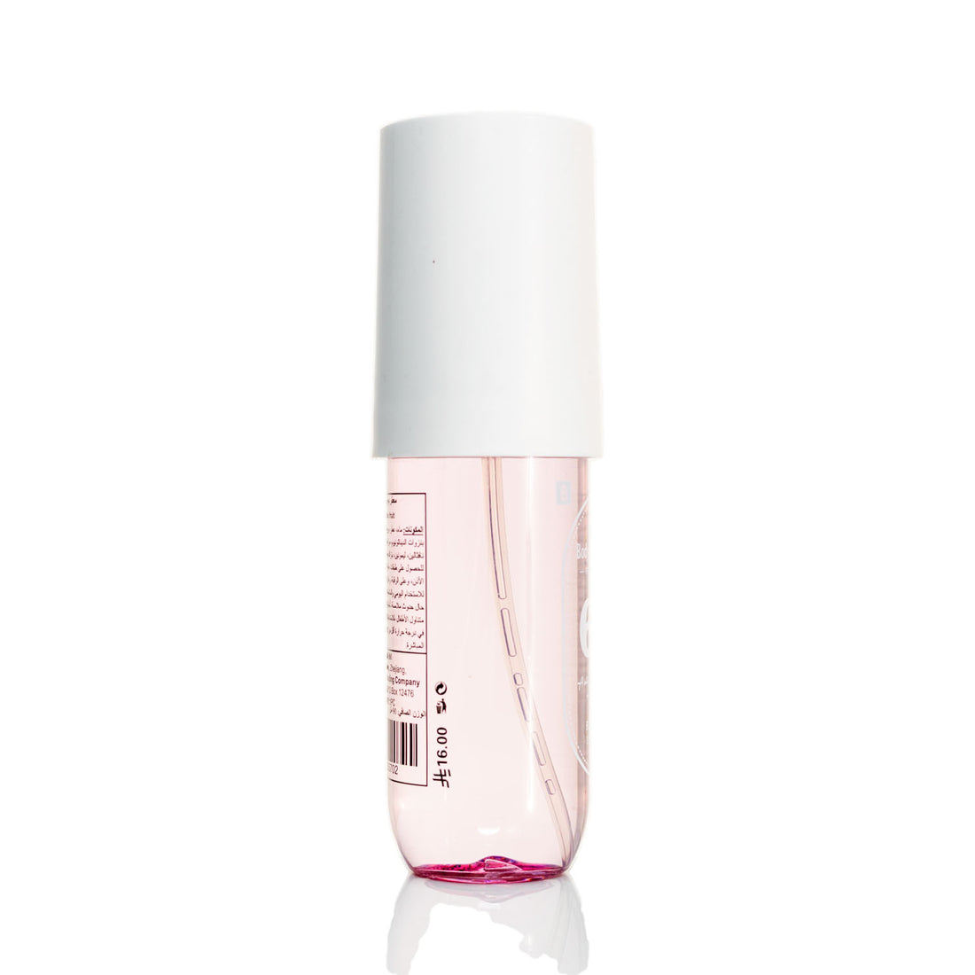 90ml body mist bottle, white cap, translucent pink liquid, side label and small icons