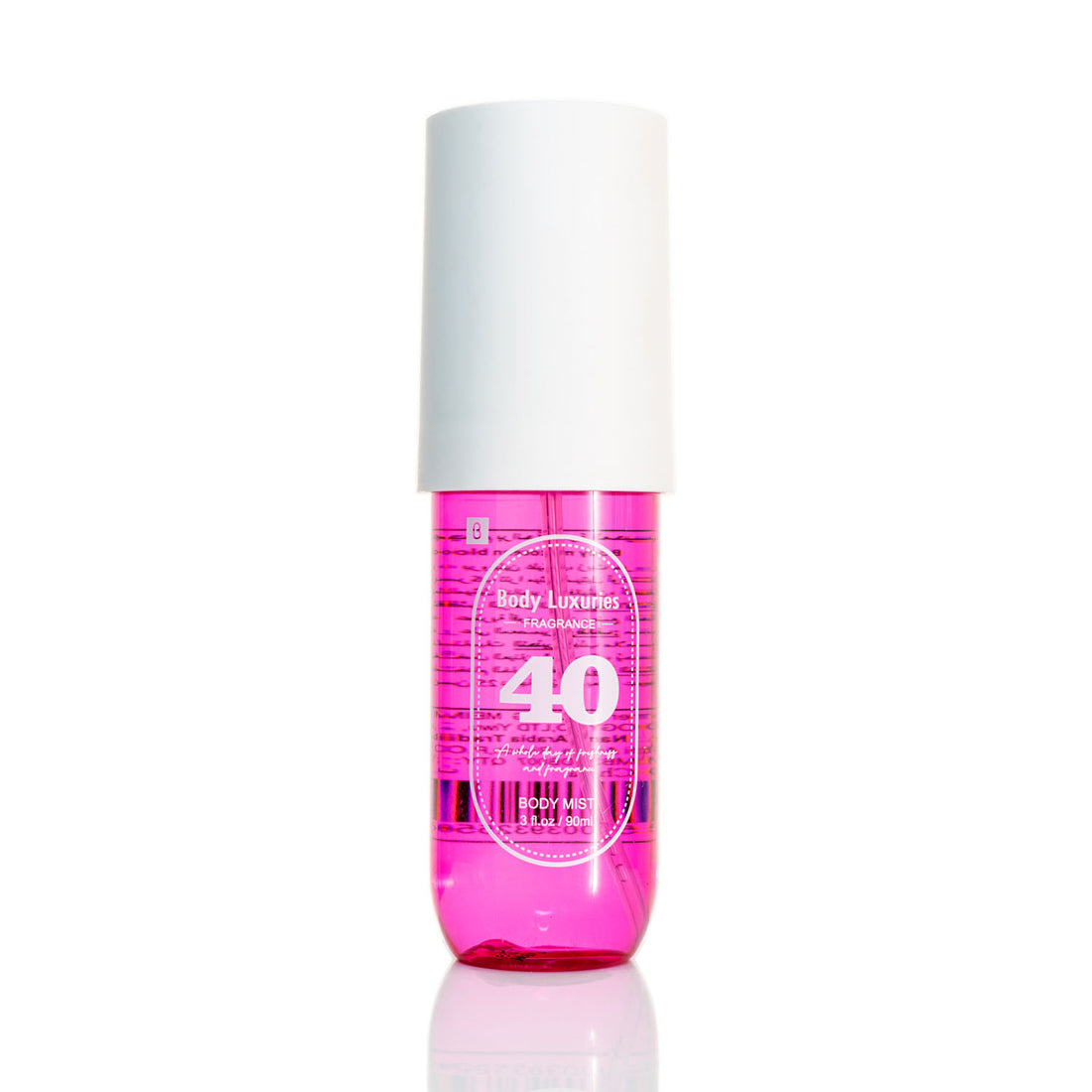 90ml body mist bottle, pink front label with '40', white cap